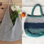 A two-panel collage of crocheted market bags