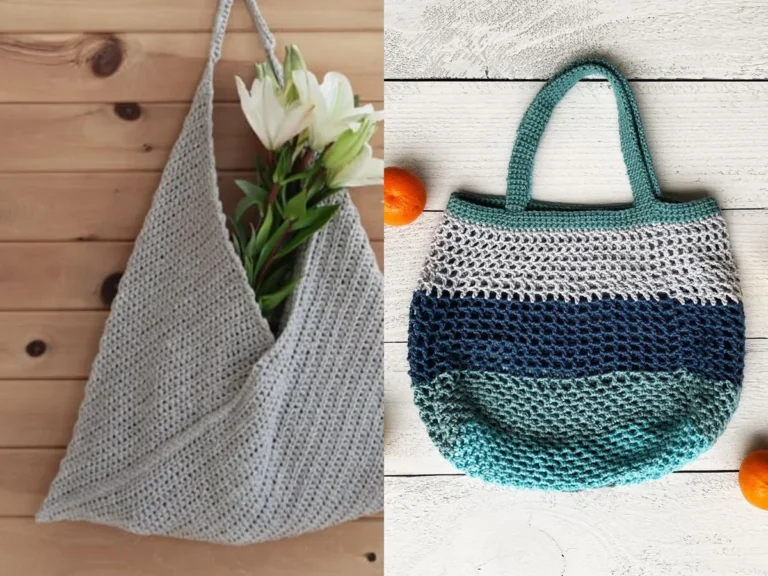 A two-panel collage of crocheted market bags