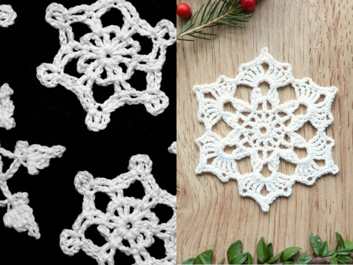 A two-panel collage of crocheted snowflake patterns
